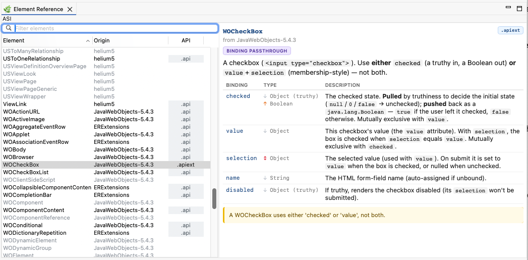 The Element Reference view: a searchable, sortable list of elements with an Origin and API column on the left, and the selected element&rsquo;s documentation card on the right.