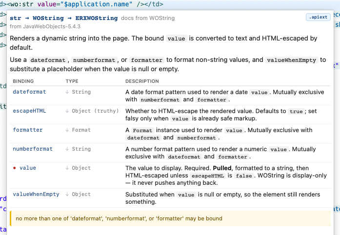 The element hover for a <wo:str> tag, showing the full resolution chain str &rarr; WOString &rarr; ERXWOString in the header, with a note that the documentation is inherited from WOString, and the bindings table below.