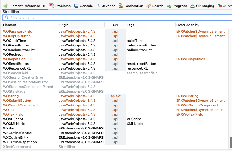 The Element Reference view showing overridden elements: rows like WOString are tinted orange with an &lsquo;Overridden by&rsquo; column naming the replacement (ERXWOString), and the detail card carries an &lsquo;Overridden by ERXWOString in this project&rsquo; banner.
